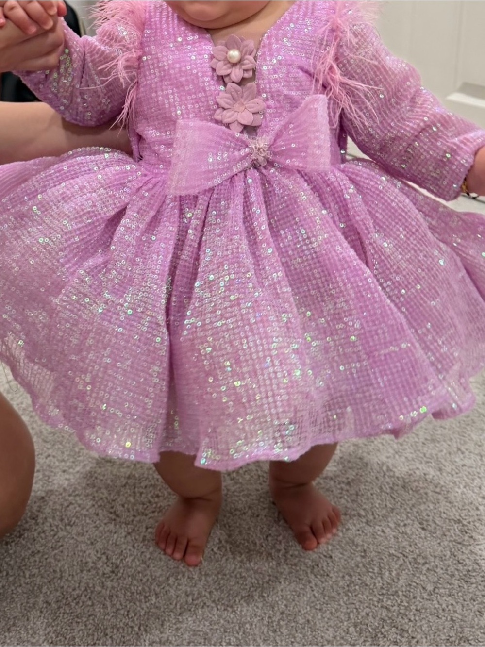 Sparkling Pink Sequin Baby Dress with Bow & Flower Accents